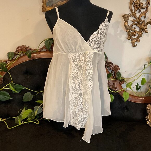 Vintage Victoria's Secret Gold Sheer Lace Babydoll Mini Slip Dress Size M White - Picture 1 of 4